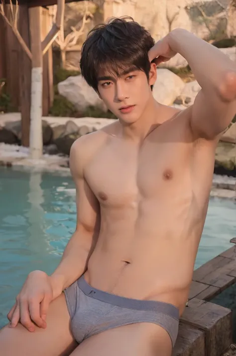 Photorealsitic, 8K full body portrait, body, a handsome, 18-year-old boy, A charming expression, detailed face details, topless, sexy, Brief underwear, TOKYOcty, Winters, Zoom in for a close-up, hot spring in japan