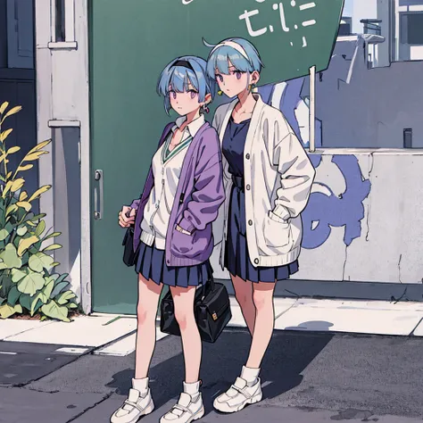 full body, standing up, holding school bag, woman, baby blue hair, short straight hair, fringe falling on face, half lided eyes, purple eyes, calm expression, wearing white and green , wearing white headband, using purple sphere earrings, wearing oversized...