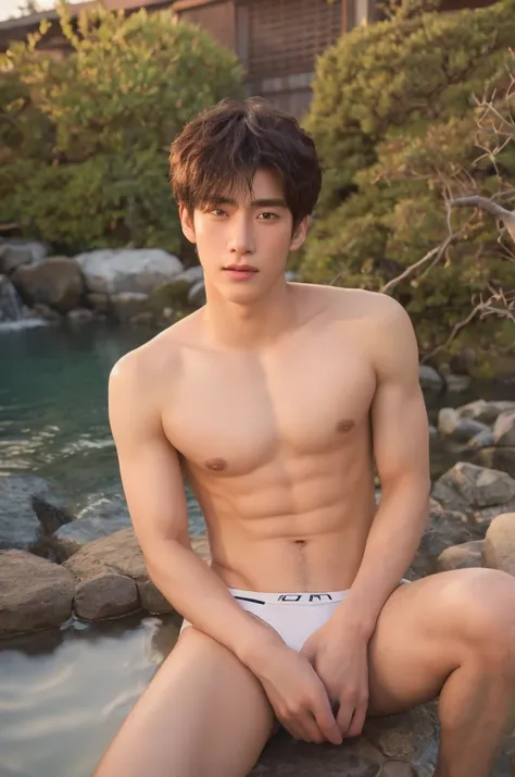 Photorealsitic, 8K full body portrait, body, a handsome, 18-year-old boy, A charming expression, detailed face details, topless, sexy, Brief underwear, TOKYOcty, Winters, Zoom in for a close-up, hot spring in japan