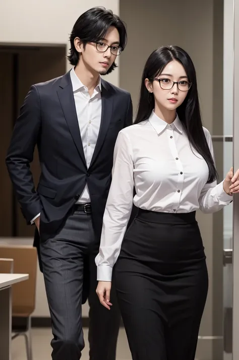 A CEO, tall and attractive and a secretary with medium black hair with glasses 