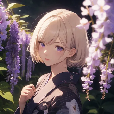 best quality, insanely detailed, Full-HD, 16K, absurdres, A beautifully illustrated anime-style character is stand up, exuding elegance and charm. She has short, wavy ash-blonde bob hair that frames her face, with a soft smile and bright, purple eyes that ...