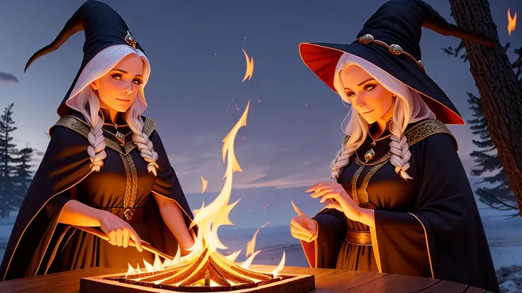 make a beautiful fire magic sorceress, wearing a nice big witch&#39;s hat, with short stylish flaming red hair, posing cinematic...