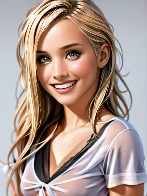 Realistic photo of a beautiful kr1st3nb woman,1girl,solo,long hair,breasts,looking at viewer,smile,blonde hair,simple background,shirt,white background,upper and mid body,artist name,signature,lips,black shirt,realistic, soft lighting, professional Photogr...