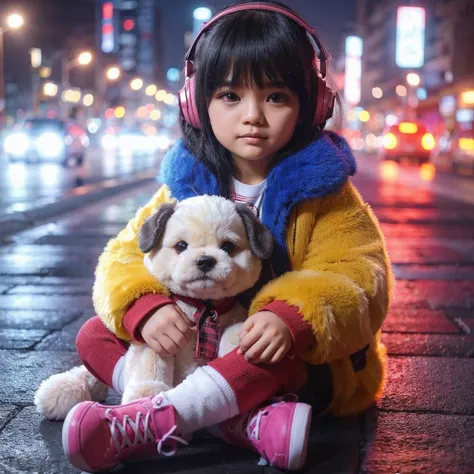 realistis 4d anak gadis kulit realistis rambut hitam yang mengenakan jaket berbulu tebal warna kuning biru, sepatu pink, rok merah kotak kotak, duduk di jalan kota pada malam hari. Anak tersebut harus memakai headphone, memegang boneka anjing besar dengan ...