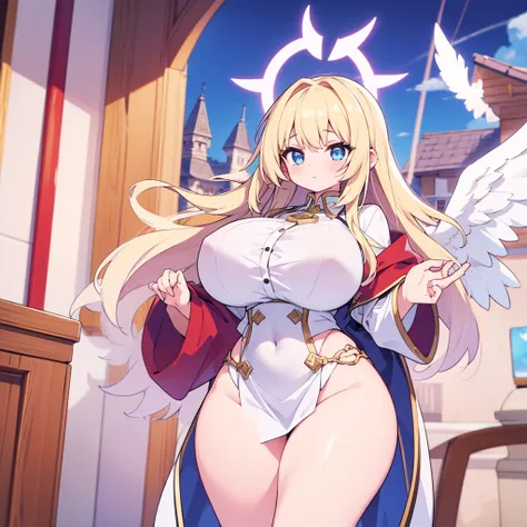 Highest quality, 1girl, solo, long blonde hair, blue eyes, halo, gigantic breasts, wide hips, thick thighs, white blouse, white skirt, white wings