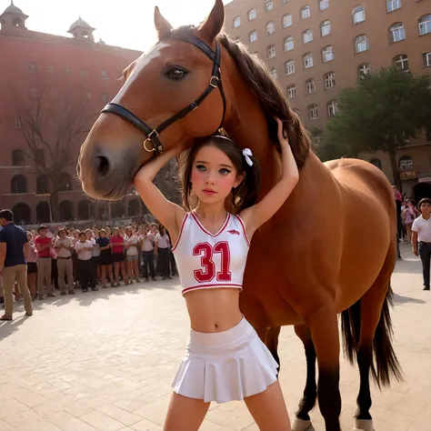 draw a little pre-primary school girl dressed as a cheerleader, cum on face, she is in a public square next to a big horse holdi...