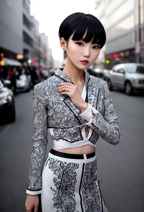 korean model sporting stylishly cropped haircut, decorated with graphical patterns illuminating her eyes, pose inspired by the h...