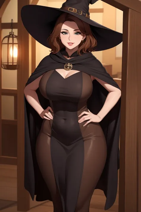 best quality, glossy, 4k, ((artwork)), extremely detailed, 8k, beautiful, MILF, hot woman, short brown hair, full lips, witch suit, witchs hat and cloak, hands on the hips, smile