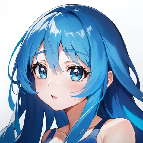 highest quality, 4k, one woman in a swimsuit, blue hair long, big eyes, young face, stain one&#39;s cheeks red, open your mouth ...