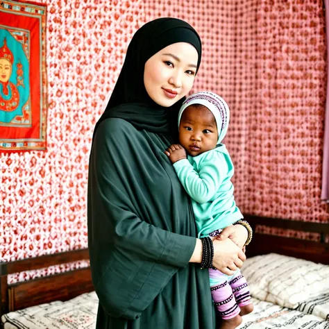 pale skin ugly mongolian woman in hijab standing in room bracelet embracing her ebony african baby