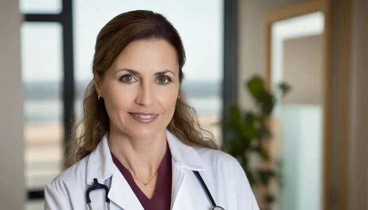 portrait, volumetric lighting, 50mm lens, closeup shot, a normal woman, nutritionist, white coat