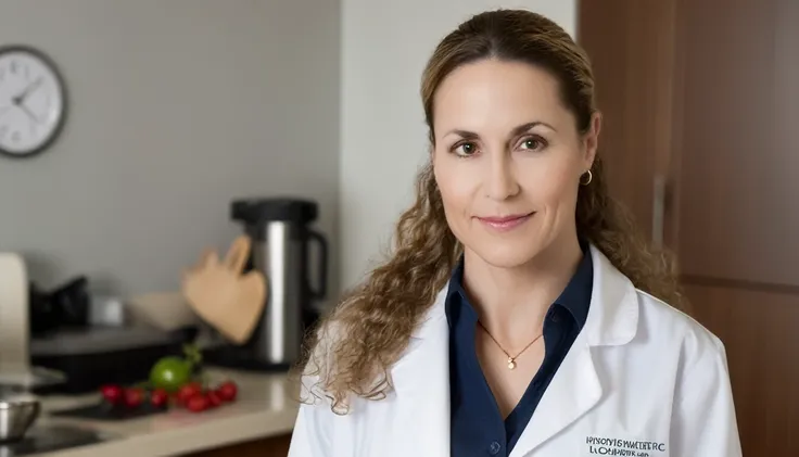 portrait, volumetric lighting, 50mm lens, closeup shot, a normal woman, nutritionist, white coat