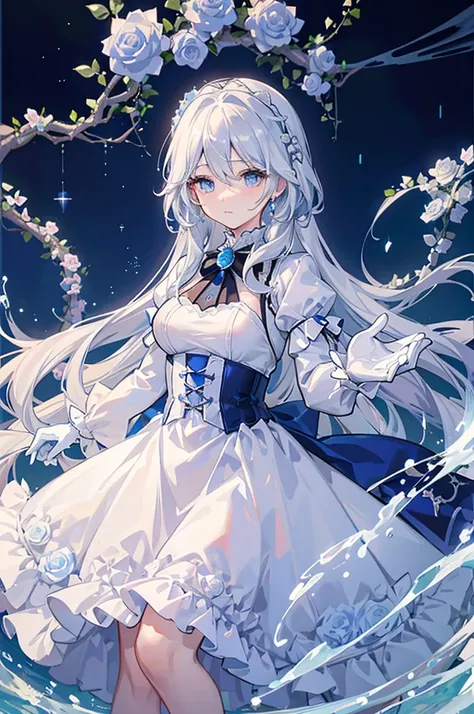 white hair and blue eyes、adult、long, fluffy wavy hair、braiding、wearing hair ornaments、princess、white gloves、blue roses and white...