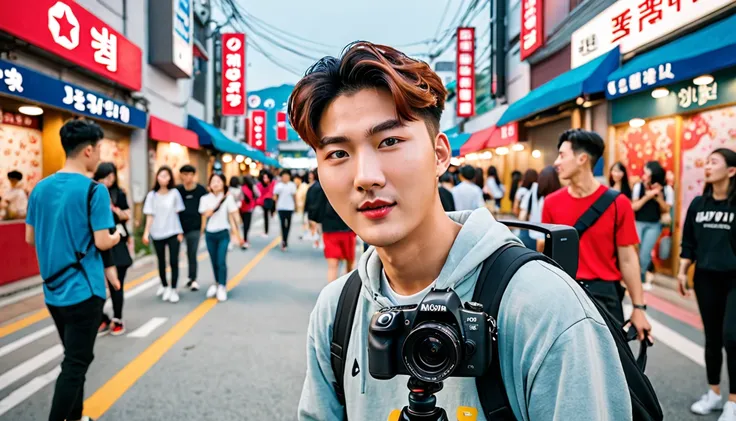 youtuber, vlog, street, realistic expression, dynamic, korea people, filming with camera,