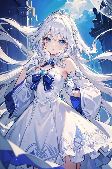 white hair and blue eyes、adult、long, fluffy wavy hair、braiding、wearing hair ornaments、princess、white gloves、wearing a lace dress...