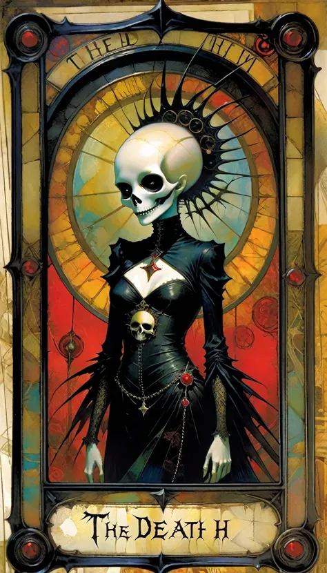 ((tarot card)) the death((card frame)), work by dave mckean, vivid colors, intricate details, oil. text in card: "the death"