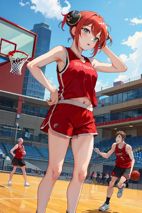 masterpiece, best quality, highres, kgr1, double bun, bun cover, small breasts, basketball player, sportswear, red tank top, red...