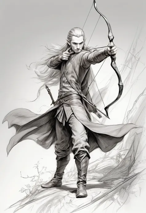 Anime line art of Legolas from The Lord Of The Rings trilogy, in dynamic pose, by Anna Razumovskaya, sketch, best quality, masterpiece, very aesthetic, perfect composition, intricate details, ultra-detailed, B&W