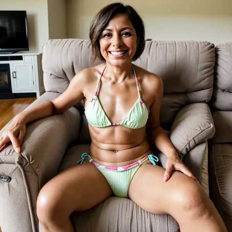 short  adorable latina mom sitting in a padded recliner in her living room on a beautiful summer afternoon, wearing bikini, adorable smile