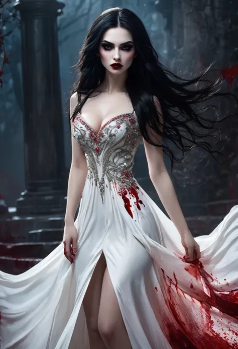 Arafed, dark fantasy art, goth art, full body shot, a beautiful female vampire wearing a (blood stained white evening dress: 1.5), an extremely beautiful female vampire, ultra detailed face, black hair, long hair, wavy hair, dark glamour make up, pale skin...