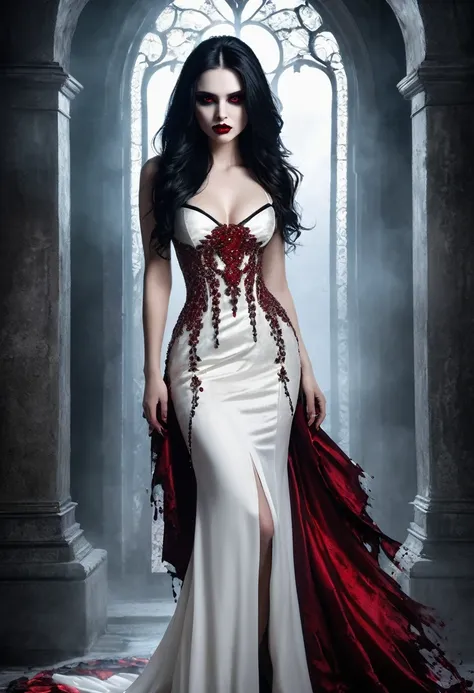 Arafed, dark fantasy art, goth art, full body shot, a beautiful female vampire wearing a (blood stained white evening dress: 1.5), an extremely beautiful female vampire, ultra detailed face, black hair, long hair, wavy hair, dark glamour make up, pale skin...