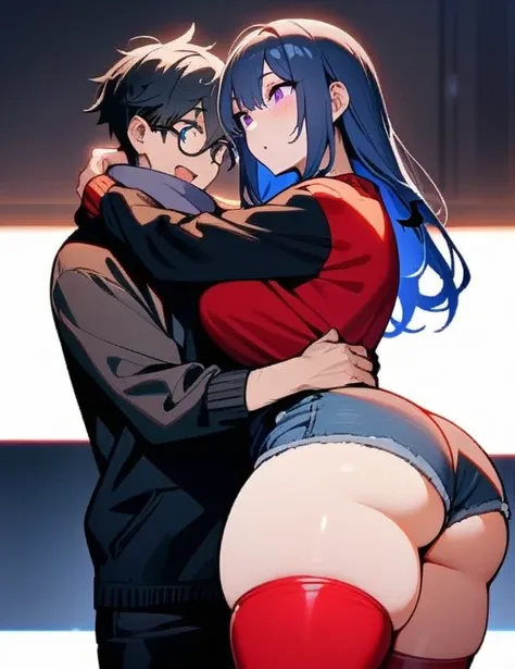 1 girl and 1 boy The girl: (masterpiece), best quality, expressive eyes, perfect hybrid succubus girl face, long cyan and blue hair, magenta eyes, glasses, happy, black sports top-like t-shirt, red thigh- High stockings, demon tail, golden necklace with a ...