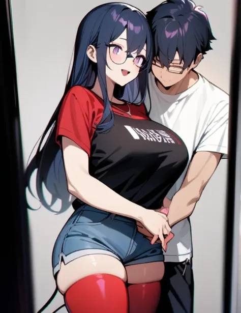 1 girl and 1 boy The girl: (masterpiece), best quality, expressive eyes, perfect hybrid succubus girl face, long cyan and blue hair, magenta eyes, glasses, happy, black sports top-like t-shirt, red thigh- High stockings, demon tail, golden necklace with a ...