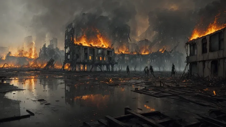 ultra-detailed, master piece, best quality, high resolution, burning cities, raining ashes, echoes of despair, scars of war, a w...