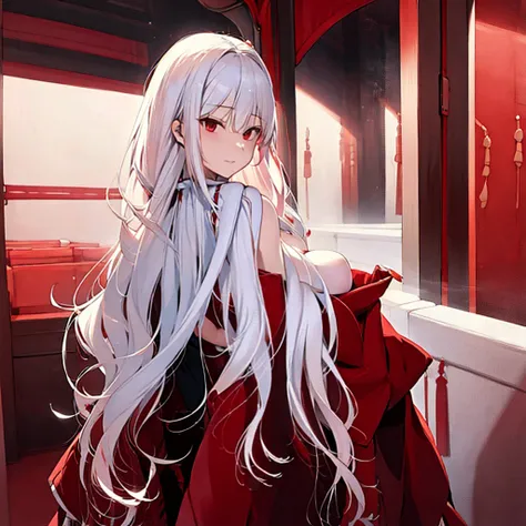 women(alone), very long white hair,red eyes,red and red kimono that reveals her shoulders, big breasts, tight