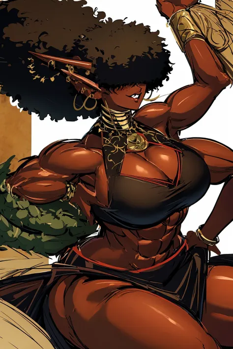 (masterpiece, best quality:1.2),1 girl, voluptuous body, full body, masterpiece, dominant pose, good anatomy, no extra limbs, big ass, thick thighs, black hair, voluminous afro, pointy ears, gold earrings, black top with red details, black skirt with red d...