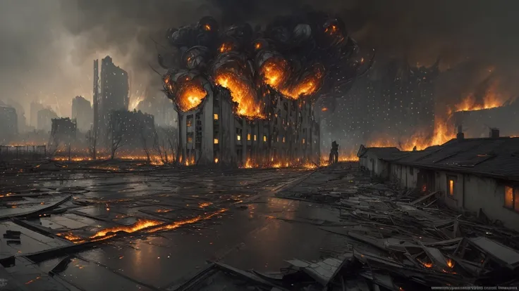 ultra-detailed, master piece, best quality, high resolution, burning cities, raining ashes, many buildings, echoes of despair, s...