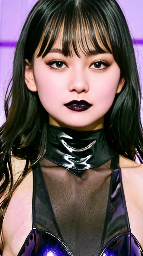 young girl、he is short、highest quality、fascinating、evil、whole bodyが写っている、whole body, black and purple latex high leg leotard、fro...