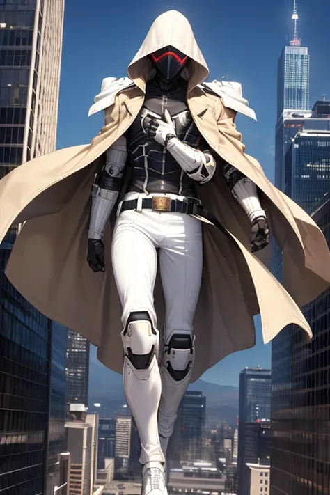 ((best quality)), ((masterpiece)), (detailed), 1 boy, full body, 19 years old, masked, white mask covering his entire head, smooth head, mask covering his mouth, black goggles, black aviation facemask, black collar, tall and thin, very thin, long beige tre...