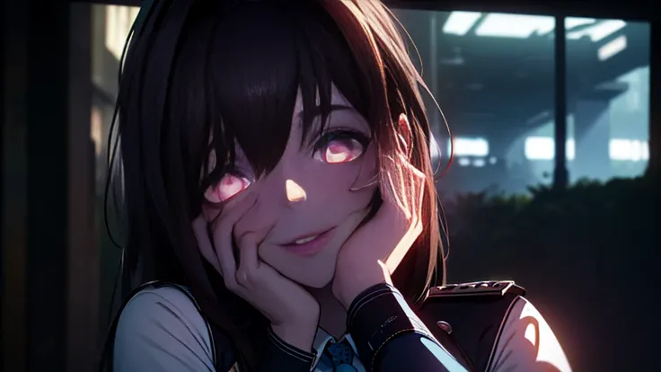 ((Best quality)), ((masterpiece)), (detailed:1.4), 3D, an image of a beautiful cyberpunk female, Yandere , Yandere Face , Trance , Trance Eyes , yameroyandere , constricted pupils , yandere , empty eyes . shaded face , crazy eyes , glowing brown eyes , cra...