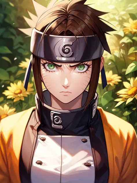 ((in the artstyle of Naruto)), ((spiked hair)), ((tomboy)), ((short hair)), ((brown hair)), ((green eyes)), ((serious expression)), (shinobi clothing)), ((light skin)), ((flowers)), ((complementary colors)), ((mature female)), 1girl, beautifully drawn, hig...