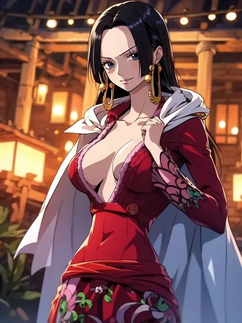 Boa Hancock from One Piece, detailed face, beautiful blue eyes, small smile, wears earrings; big breasts, cleavage, loose and stylized hair, long and beautiful hair, wears Boa Hancock earrings, (wears a red dress), (wears a white cape), has cleavage, bare ...