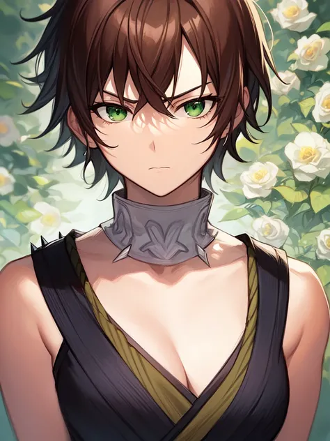 ((spiked hair)), ((tomboy)), ((short hair)), ((brown hair)), ((green eyes)), ((serious expression)), (shinobi clothing)), ((light skin)), ((flowers)), ((complementary colors)), ((mature female)), 1girl, beautifully drawn, high resolution illustration, best...