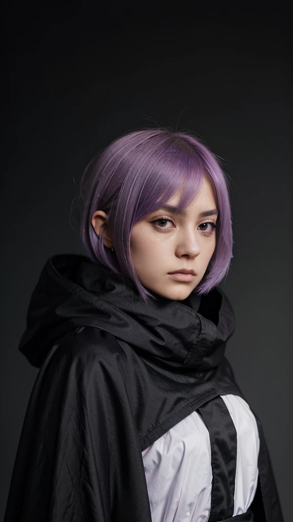 Girl with  lilac hair, Short, straight hair,Using Black cloak from Akatsuki, serious face 