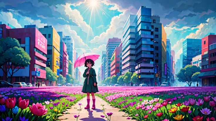 A vibrant flower blooms on the dirty ground of a large gray avenue. A crowd of gray, soulless people crosses the streets. A colorful , glowing with bright hues, stands protectively over the flower, protecting it with her little hands and determined eyes. S...