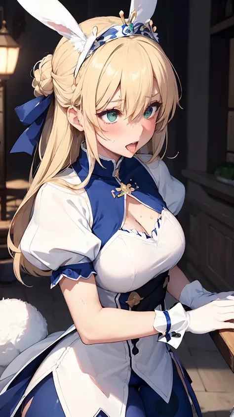 Rabbit Arturia&#39;s hairstyle, Costume Rabbit Artoria, One girl, Pectoral muscle, alone, Blonde, Green Eyes, French Braidings, Long Hair, Big ample breasts, Cleavage, ponytail, Side Lock, Bans, belly button, Looking up at the viewer, Bare shoulders, Braid...