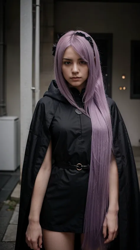 Girl with  lilac hair, Short, straight hair,Using Black cloak from Akatsuki, serious face ,Paper rose on the head 