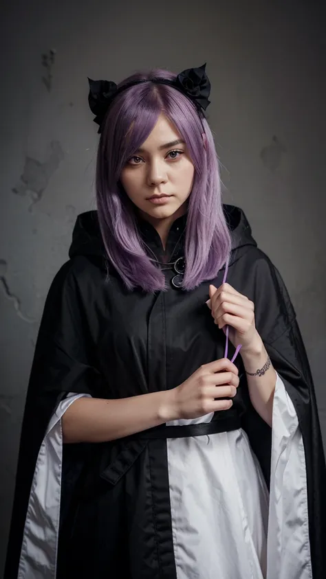 Girl with  lilac hair, Short, straight hair,Using Black cloak from Akatsuki, serious face ,Paper rose on the head 