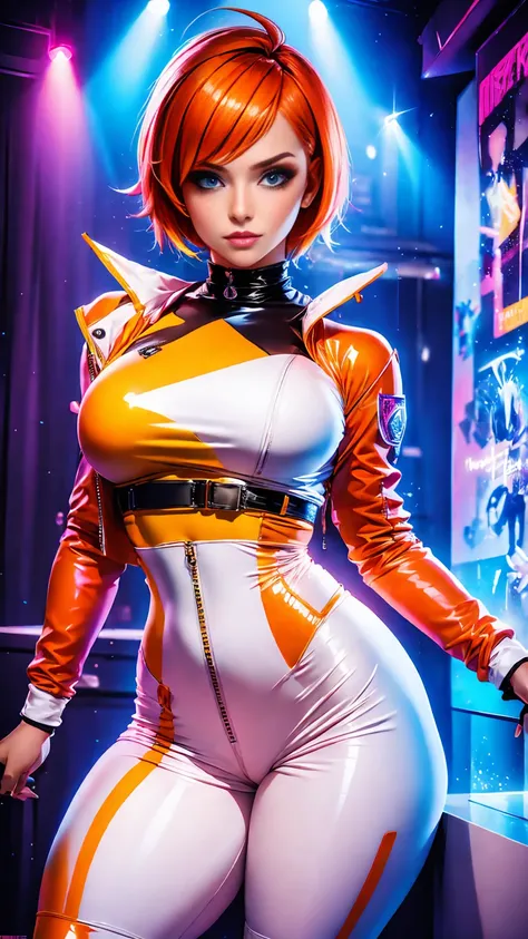 Beautiful girl, short orange hair, with pink glued latex clothes, a white leather jacket, puffed breast, large, pointed, prank and hard, thin waist, torn belly, thick legs, large ass, very detailed face , vivid colors, dramatic colors, pastel shades