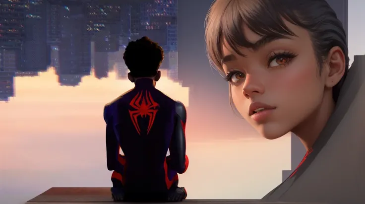 Create an image with the character Miles Morales sitting on a ledge, looking at a city. The city on the left side should be mirrored inverted on the right side, so that the city is seen upside down. The transition between both sides of the city should be s...