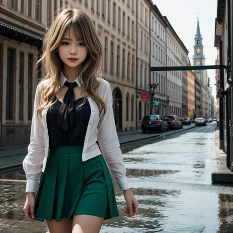 1 girl, blond hair, shorth hair, blue eyes, white shirt, green tie, green skirt, stadt, rain, detailed background