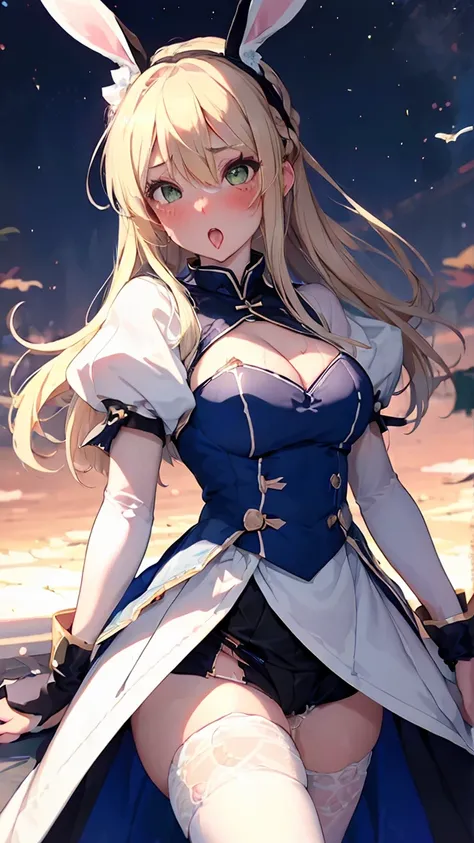 Rabbit Arturia&#39;s hairstyle,Japanese school girl uniform,16 year old girl,  alone, Blonde, Green Eyes, French Braidings, Long Hair, Big ample breasts, Cleavage, ponytail, Side Lock, Bans, belly button, Looking up at the viewer, Bare shoulders, Braiding,...