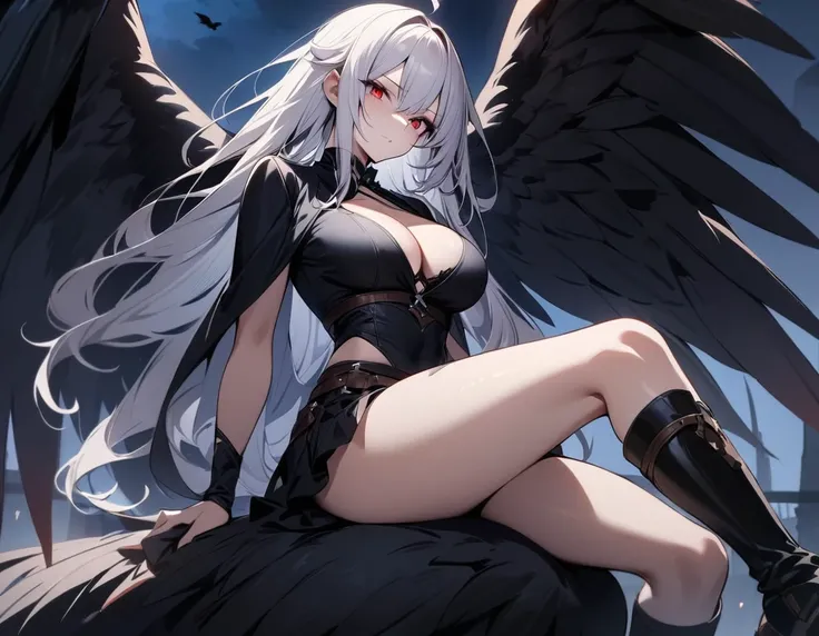 Masterpiece, best quality, 1girl, dark fairy, busty, small waist, large hips, large cleavage, white hair, red eyes, sitting on a big crow, flying on a crow, saddle, large dark wings, arrogant look, dark clothes, night