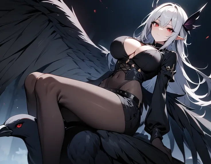 Masterpiece, best quality, 1girl, dark fairy, busty, small waist, large hips, large cleavage, white hair, red eyes, sitting on a big crow, flying on a crow, saddle, large dark wings, arrogant look, dark clothes, night