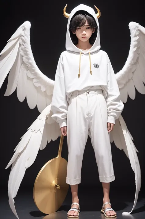 A boy apparently 16 years old, with a defined body, with very large wings, as if they were angels, white with golden tips, blackquality hair, very dark, with yellow eyes, very clear, with pointed, backward-pointing horns of medium size, neither too big nor...