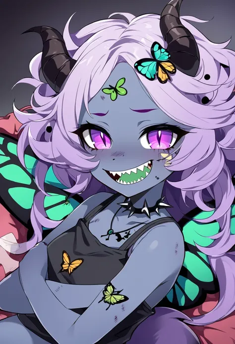 2 gothic monster girls, with long messy hair, dark green and purple hair, creepy hair ornament, flowers in hair, bugs in hair, lots of bugs in her curly hair, pretty face, CUTE TANK TOP, SWEATPANTS, other has colorful polka dots on her skin, big furry spik...